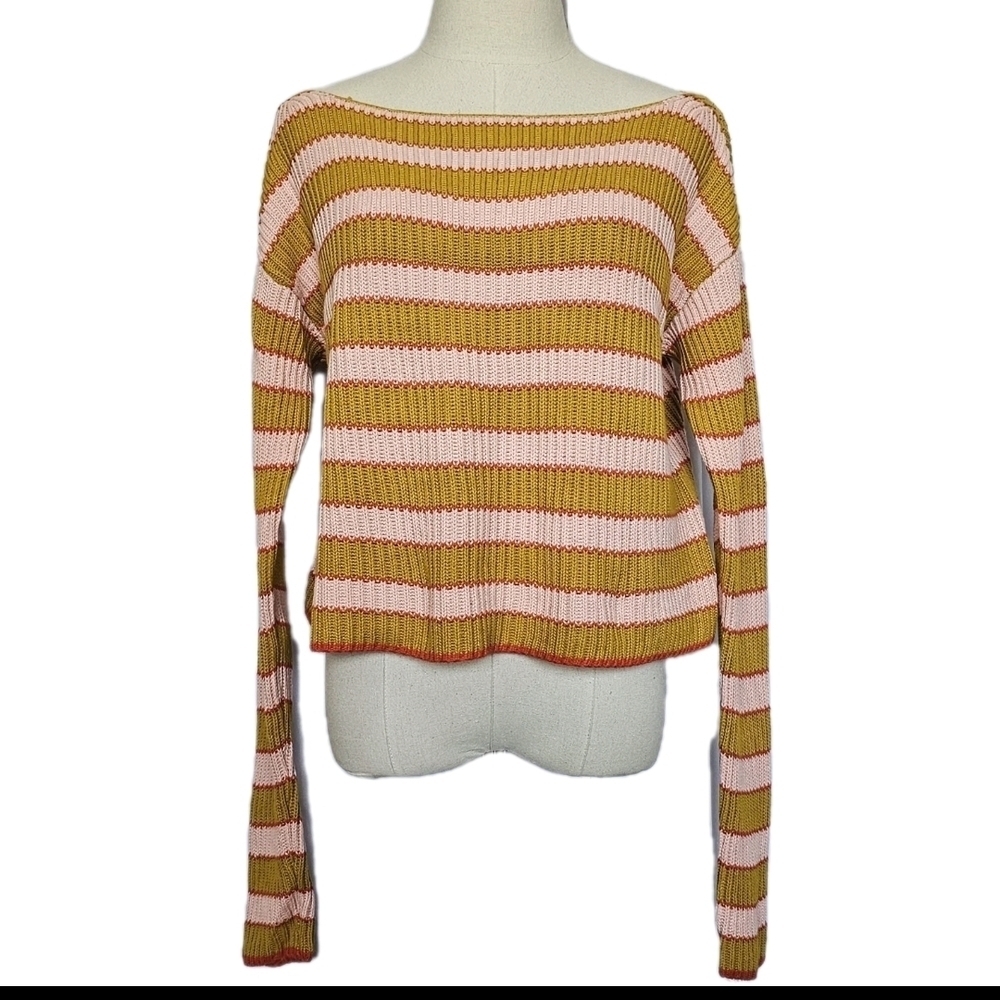 Lulus Sweater Women's Small Pink Mustard Yellow Striped Cotton Knit Crop Top